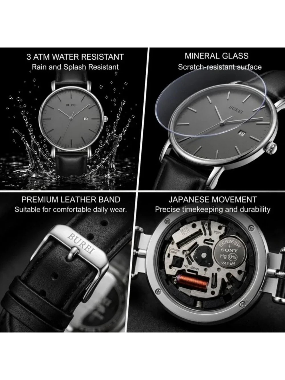 Men's Silver Black Ultra Thin Minimalist Analog Waterproof Classic Wrist Watch